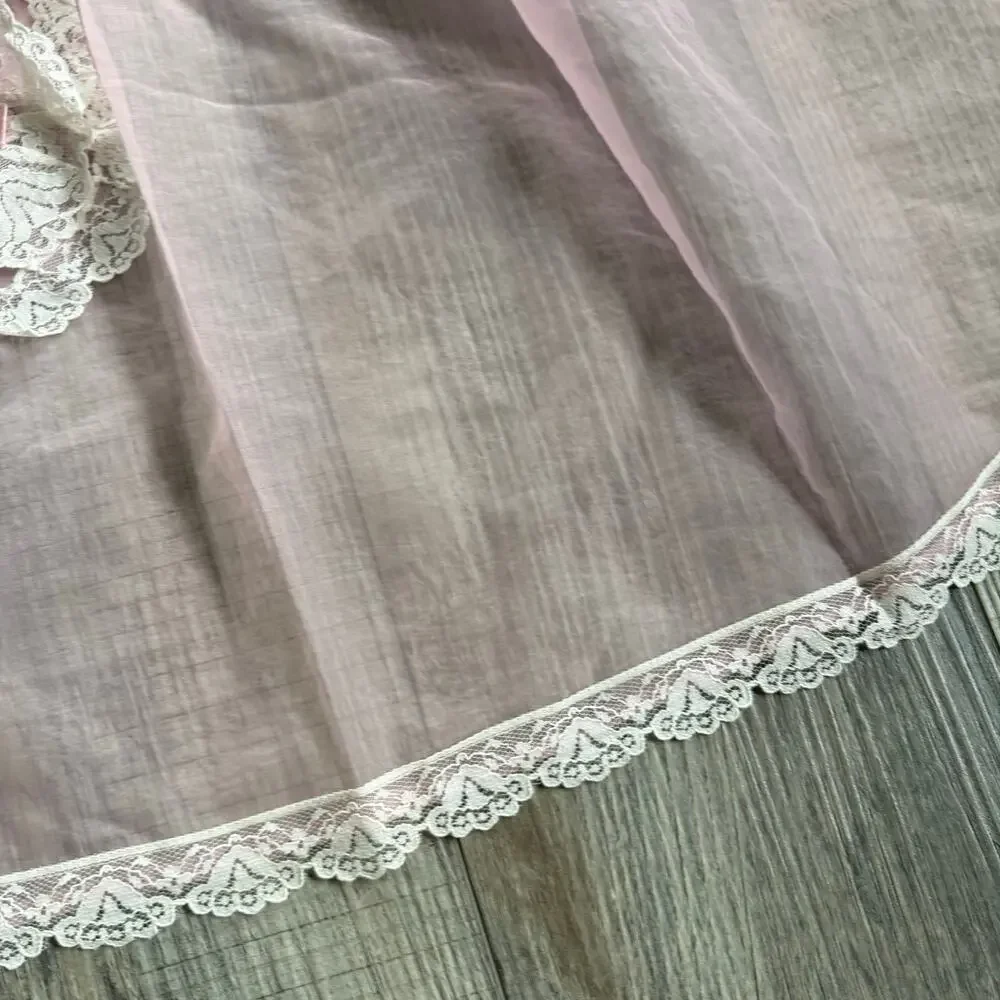 Vtg Hostess Half Apron Sheer Pink MCM 50s Pocket Retro Tie Trad Cottage Lace